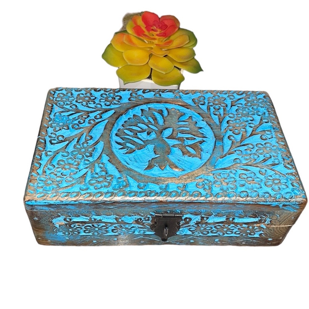 Blue Carved Tree 🌳 of Life Box